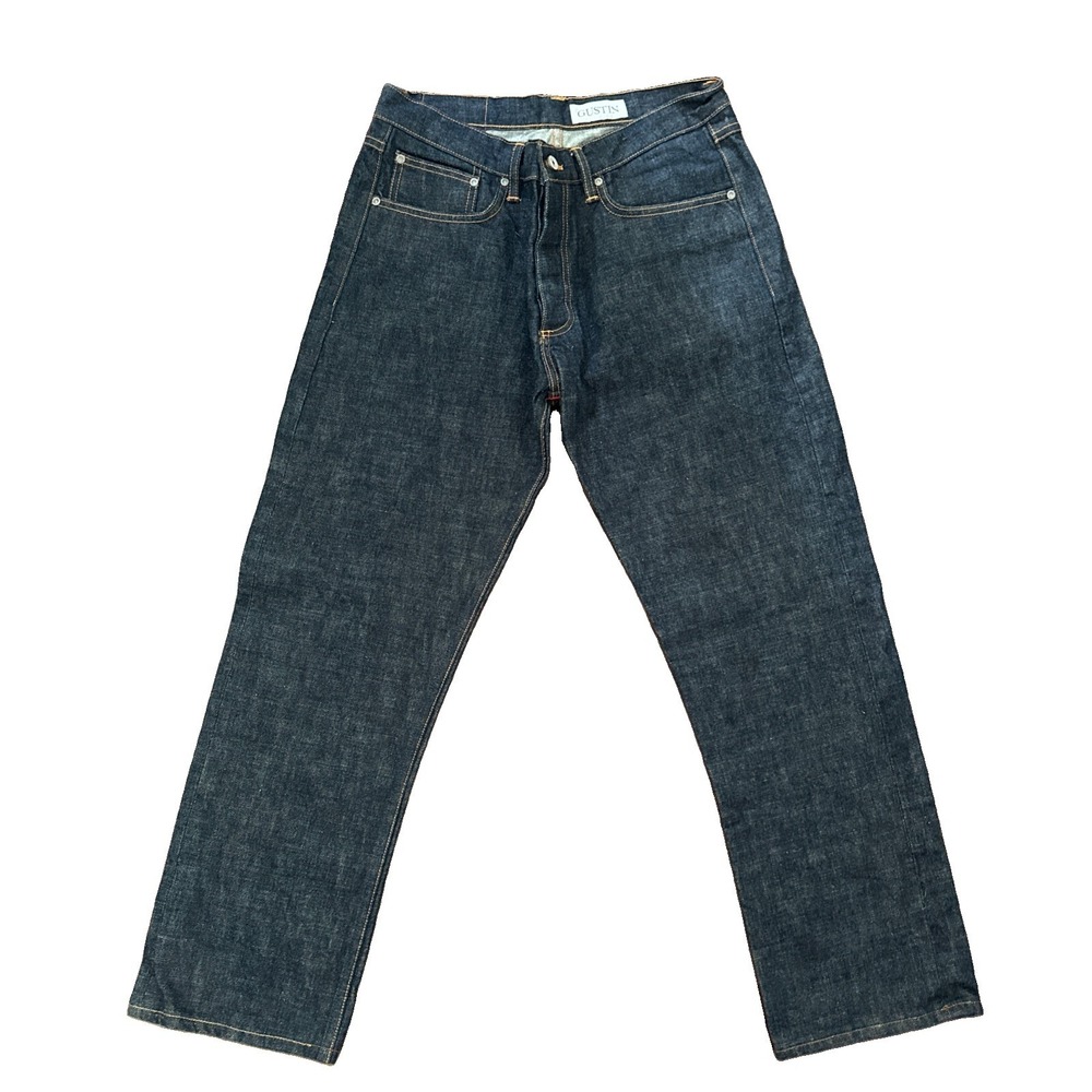 Gustin Men's Straight Fit Raw Denim Jeans Blue Solid 5-Pocket Button Size 36